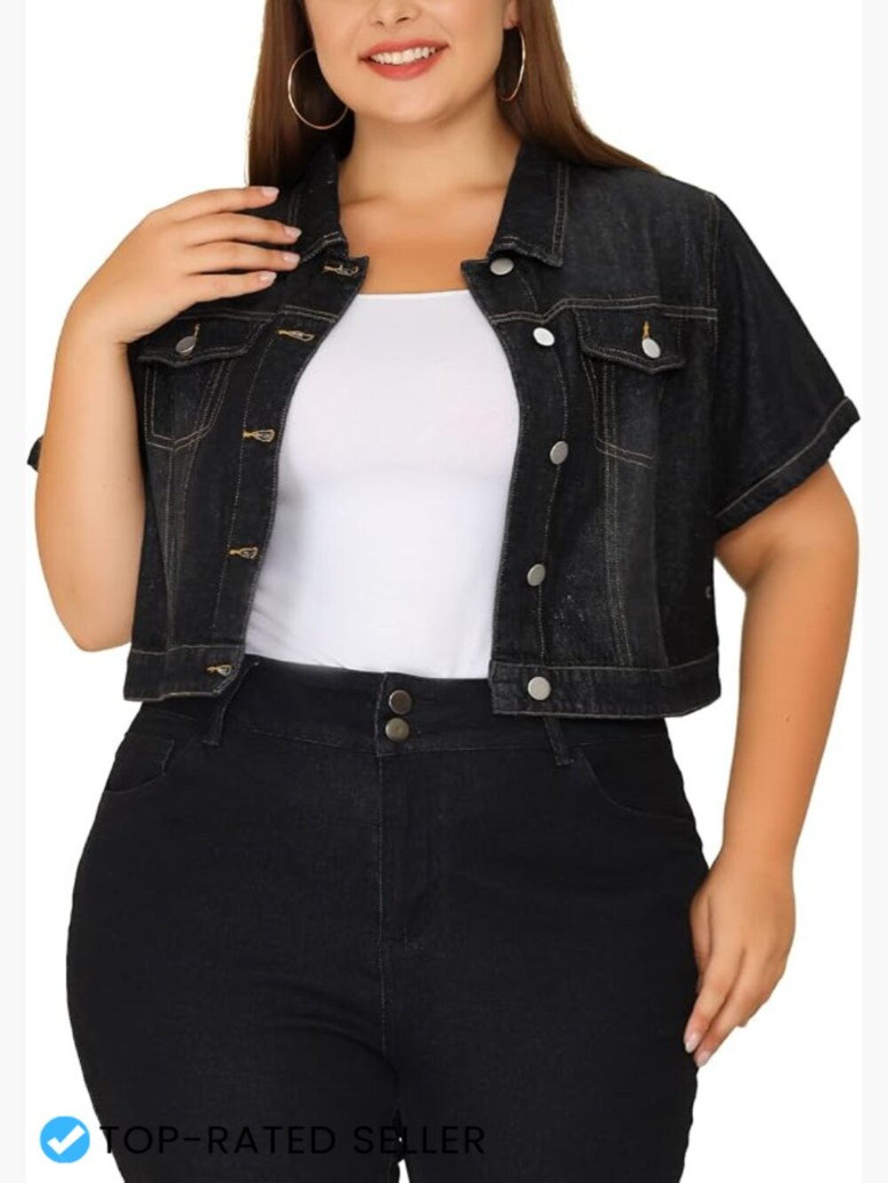 Plus Size Denim Jacket Women Short Sleeve Cropped Button Down Classic Blue Jean